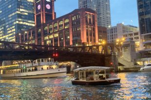 Clark Street Bridge from The Chicago Riverwalk at Night